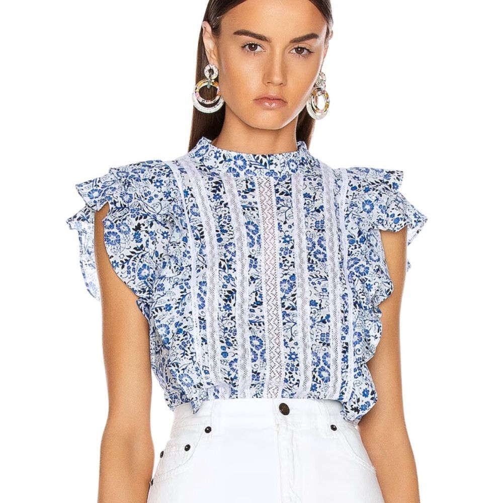 Veronica Beard Sol Floral blue Ruffle High Neck Top Blouse Size 10